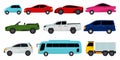Collection of different cars. Sport car, vintage car, sedan car, cargo truck and bus. Vector illustration for automobile,