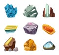 Collection of different cartoon gemstones and minerals. Colorful crystals, precious stones and mineral rocks vector