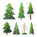 Collection different cartoon green and dead fir trees.