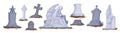 Collection of different cartoon tombstones vector graphic illustration. Set of gray gravestones and sculptures isolated