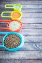 Collection cereals in multi-colored containers, Oatmeal buckwheat, barley and rice