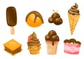 Collection of different chocolate desserts and sweets. Ice cream, donuts, and waffles with toppings. Dessert and sweet