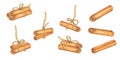A collection of different cinnamon stick bundle tied with rustic bows. Isolated watercolor illustration. Use this Royalty Free Stock Photo