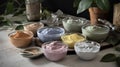 Collection Of Different Clay Masks In Glass Bowls