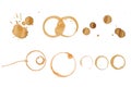 Collection of different coffee stains on a white