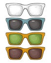 Collection of different color of retro sunglasses. Vintage vector engraving Royalty Free Stock Photo