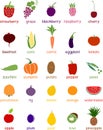 Collection of different colored vegetables and fruits icons in flat style