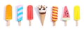 Collection of different colorful popsicles and ice cream on white background. Panorama composition