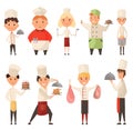 Collection of different Cook Chef. Child in a cook cap holding dish with food. Logo design template for baby food Royalty Free Stock Photo