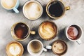 Collection of different cups of creamy coffee, viewed from above. Ai generated