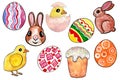 Collection of different elements of Easter symbols. Drawing with watercolor and black outline. Royalty Free Stock Photo