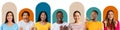 Collection of different emotions, set of young black, caucasian, japanese people on colorful background