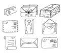 Collection of different envelopes with mail, postmarks and postcards in hand drawn doodle style. Set of various craft Royalty Free Stock Photo