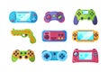 Collection of different game joystick. Gaming equipment digital technology device with buttons