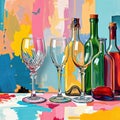 A collection of different glass goblets and some simple bottles, against a pastel-colored background Royalty Free Stock Photo