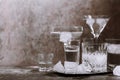 Collection of different glasses filled with cold water with ice Royalty Free Stock Photo