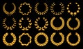 Collection of different golden silhouette circular laurel foliate, wheat and oak wreaths depicting an award, achievement