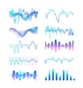Collection of different gradient colored sound waves, audio or acoustic electronic signals isolated on white background