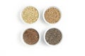 Collection of different groats on white background. Top view of buckwheat, chia, flax, amaranth, lentils, couscous