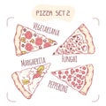 Collection of different hand drawn pizza slices