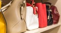 Collection of different handbags in woman closet