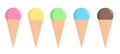 Collection of different ice creams in waffle cups. Vector illustration