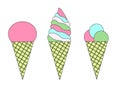 Collection of different ice creams in waffle cups. Vector illustration