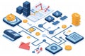 A collection of different items placed on top of a map, showcasing various subjects and actions, Flowchart showing the process of