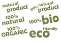 Collection of different keywordslike eco friendly, 100 % bio or 100 % organic - cut out of a green leaf Royalty Free Stock Photo