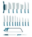 Collection of different knives, saws, hatchets for chopping food llustration in a flat design.