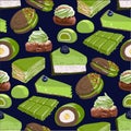 Collection of different matcha desserts. Seamless pattern