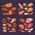 Collection of different meat product. Set cartoon sausage and fish. Griled beef steak