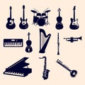Collection of different musical instruments representing orchestra band performance arts Royalty Free Stock Photo