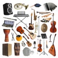 Collection of different musical instruments on white background Royalty Free Stock Photo