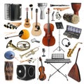 Collection of different musical instruments on white background Royalty Free Stock Photo