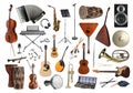 Collection of different musical instruments on white background