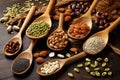 collection of different nuts and seeds on wooden spoons