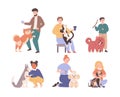 Collection of different people pet owners spending time with domestic animals cartoon vector