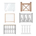 Collection different railing realistic vector fences wooden, glass, metallic and concrete