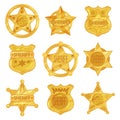 Collection of different sheriff s golden badges in modern flat design. Police emblems in star and circle shapes.