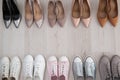 Collection of different shoes on floor, flat lay Royalty Free Stock Photo