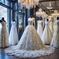 A collection of different style wedding dresses showcases diverse styles in bridal boutique