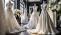 A collection of different style wedding dresses showcases diverse styles in bridal boutique