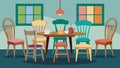 A collection of different styles of chairs arranged around a rustic wooden table in a charming breakfast nook.. Royalty Free Stock Photo