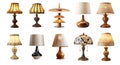 Collection of different styles of retro vantage and modern bedside nightstand lighting table lamp Royalty Free Stock Photo