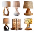 Collection of different styles of retro vantage and modern bedside nightstand lighting table lamp Royalty Free Stock Photo