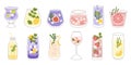 Collection with different taste lemonade and various of glasses shapes. Lemon and mint, fig fruit, strawberry and