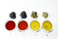 Collection of different teas in cups with tea leaves on a white background Royalty Free Stock Photo