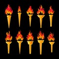 Collection of different torches with a blazing fire. The amazing flame torch of the champion\'s victory. Flame icons
