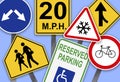 Collection of different traffic signs on turquoise background